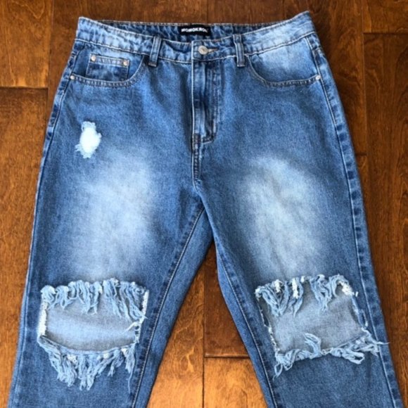MOMOKROM MEDIUM WASH DISTRESSED RIPPED JEANS. LIKE NEW - Picture 3 of 6